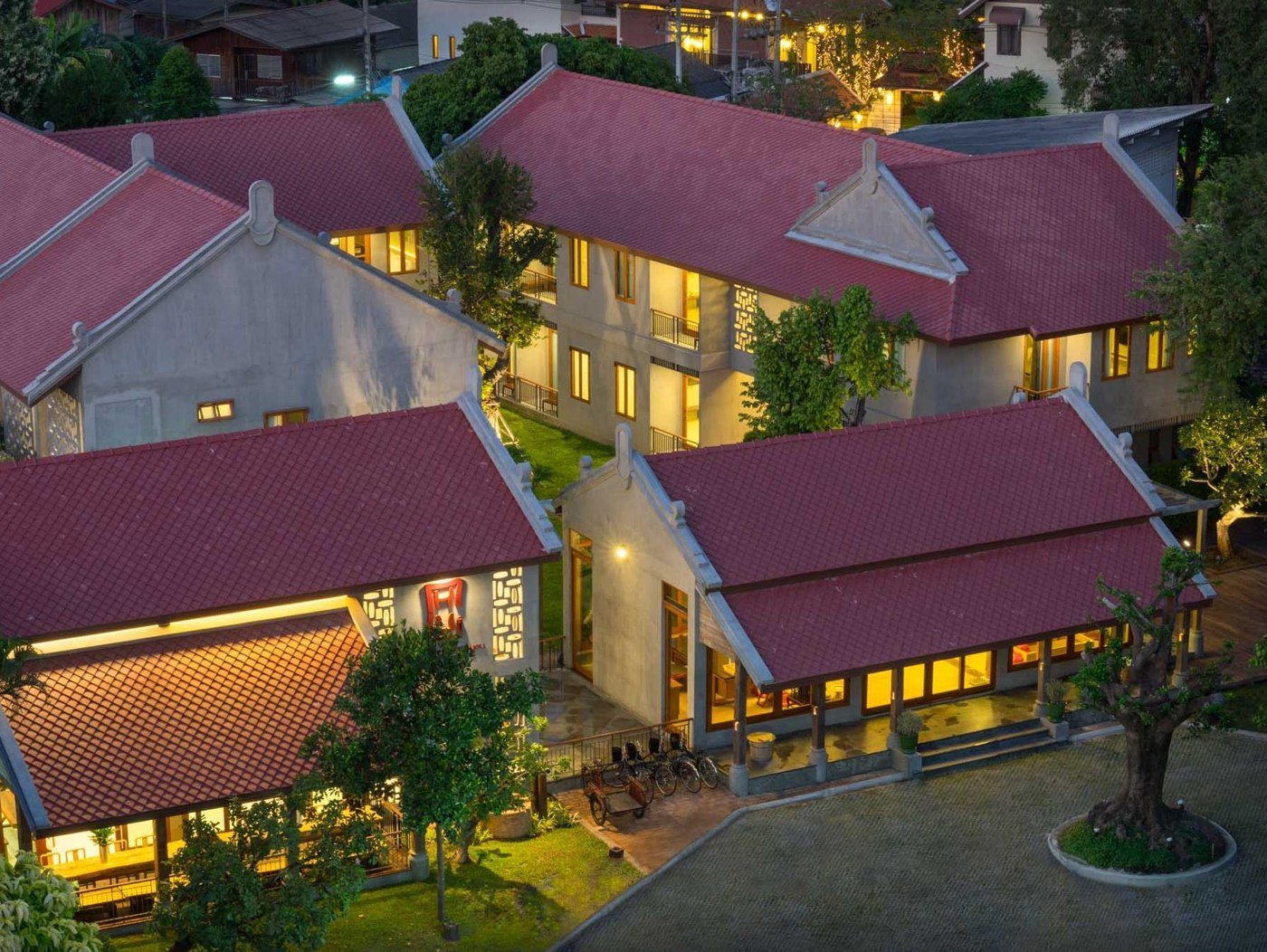 Elevated view of CHU Hotel Chiangmai buildings at dusk