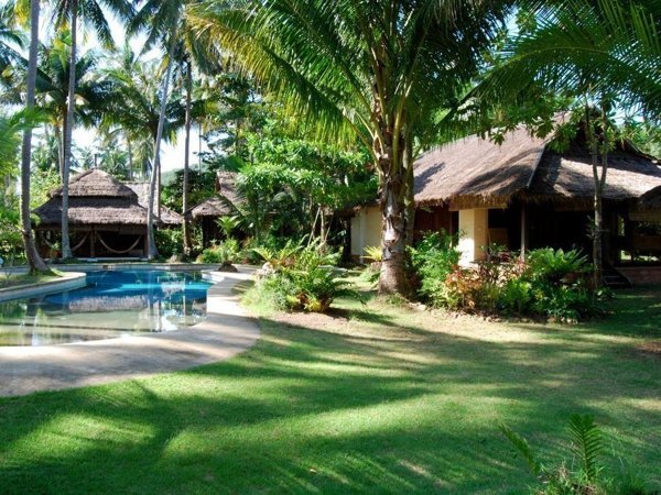 Swimming pool and pavilion buildings among palms at Koyao Bay Pavilions